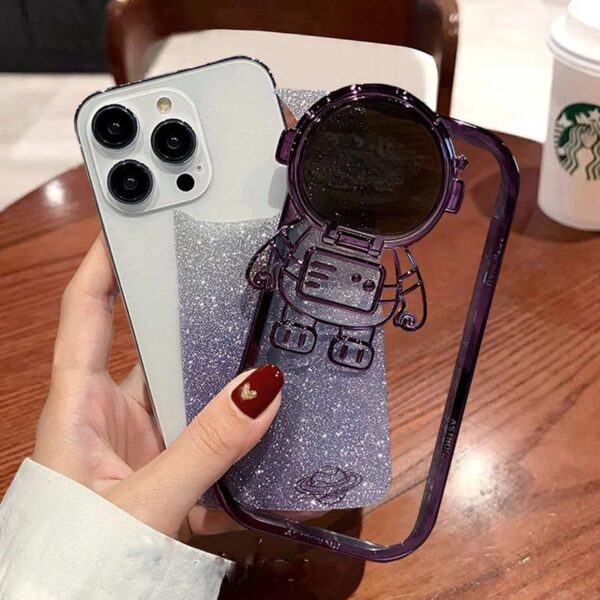 Glitter Astronaut Camera Stand Phone Case For I14 13 12 11 Pro Max XR 14 Plus Invisible Lens Bracket Plating Soft Cover - Image 2