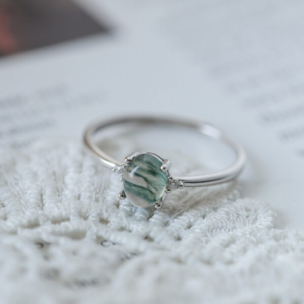 S925 Silver Green Moss Ring Water Plants Agate Female Finger Ring - Image 3