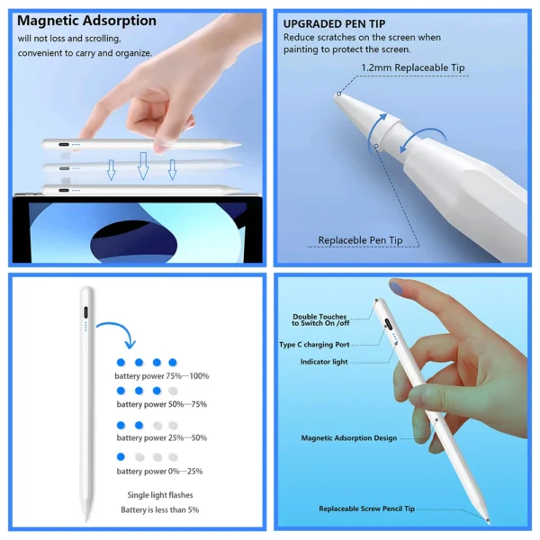 Stylus Pen For Apple Pencil with LED Power Indicators Palm Rejection Touch Pencil for 2022 2021 2020 2019 2018 iPad pencil - Image 2