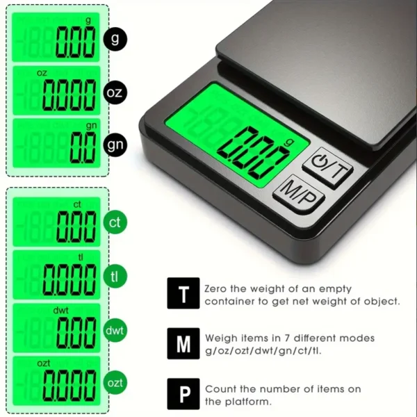 Precision Pocket Scale 1000g X 0.1g - Digital Gram, Food, Jewelry, Ounces/Grains Scale with Backlit LCD - Mini Scale for Travel - Image 3