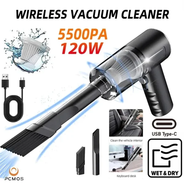 PCMOS 1PC Wireless Vacuum Cleaner Dual Use for Home and Car High Power Powerful Vacuum Cleaner Black